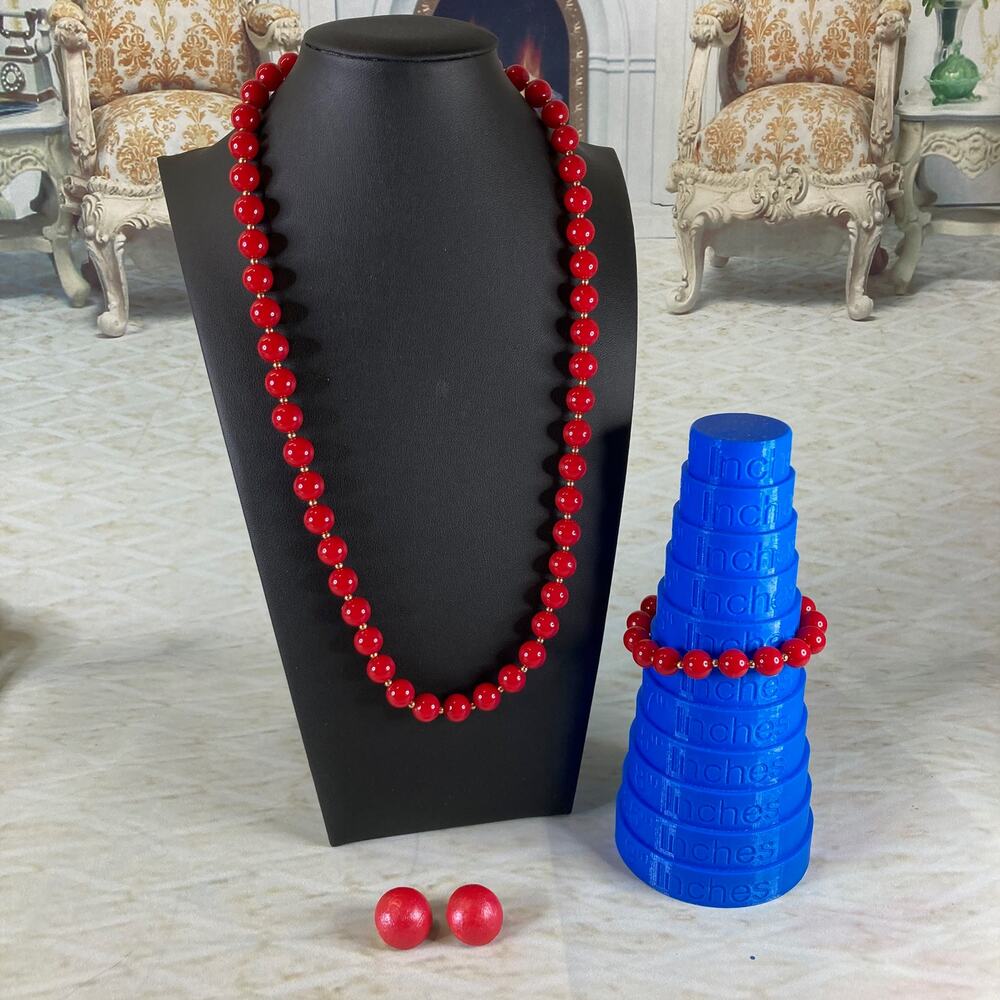 Retro Red Acrylic Beaded Jewelry Set Necklace Bracelet Earrings Vintage 70s